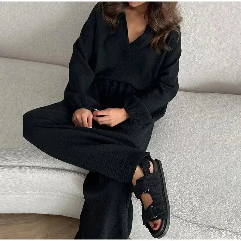 Znbbw Women's Pants Suit 2024 Spring Summer Solid Loose Long Sleeve Top Elastic Drawstring Wide Leg Trousers Chic Lady Home Pant Sets - Image 7
