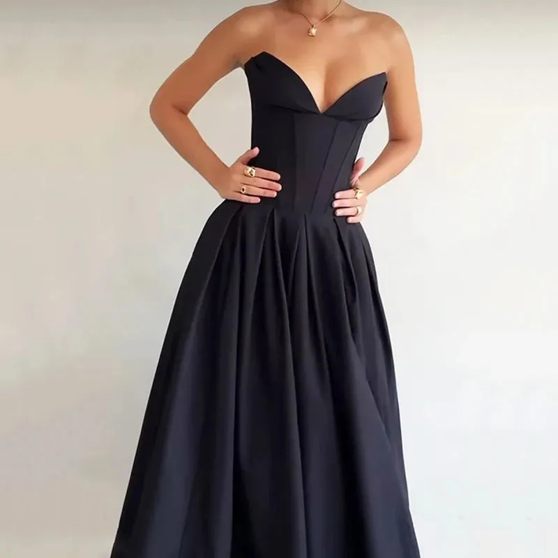 Znbbw Women's Dress Summer Strapless Sleeveless Backless Solid Color Fishbone Tube Top Pleated Long Gown Elegant Party Dresses