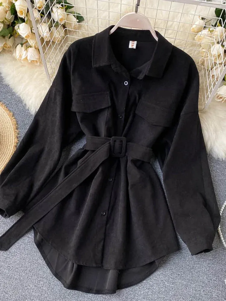 Znbbw Women Spring Autumn Shirts Retro Cargo Style Pockets Long-Sleeved Shirt Puff Sleeve Bandage Nipped Waist Tops Female PL438 - Image 5