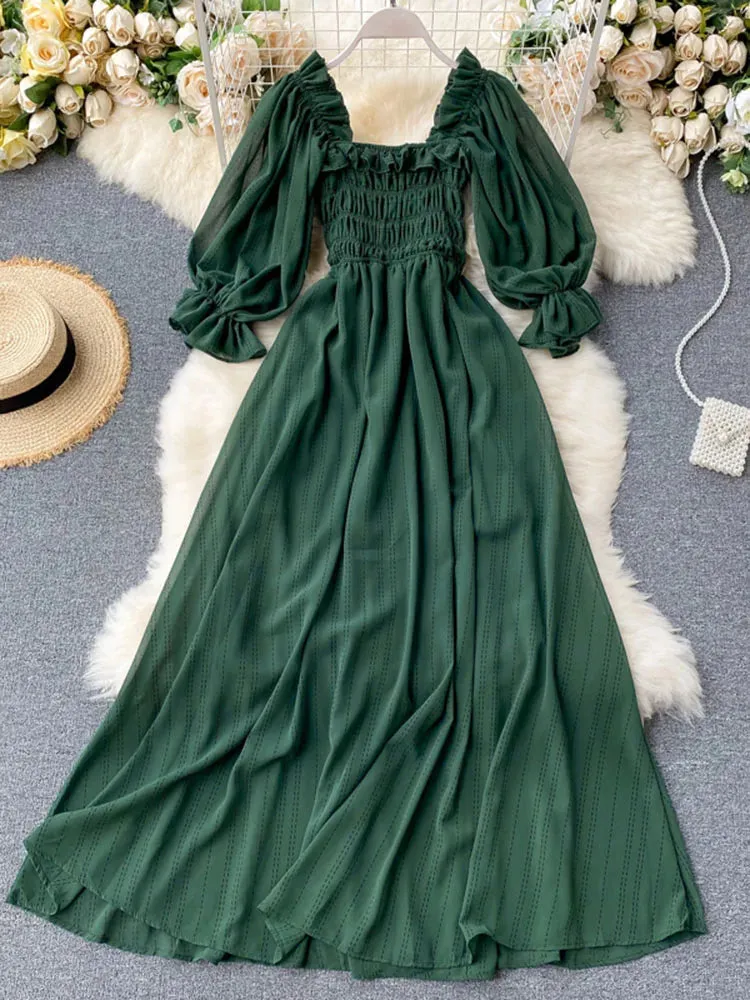 Znbbw Women's Dress New Square Collar Wooden Ear Bubble Sleeve Dress Korean Style Waist Slim Chiffon Female Dresses LL087 - Image 4