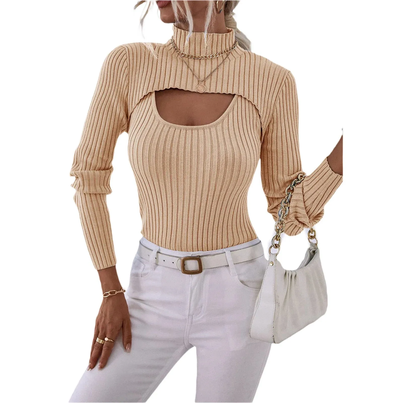 Znbbw Women's Spring Autumn Outfit Sets Solid Color High Neck Long Sleeve Short Knitwear Ribbed Sling Vest Shirt 2pcs Knitted Clothes - Image 5