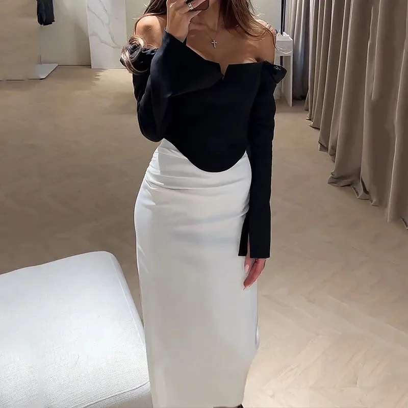 Znbbw 2 Piece Set Women Fashion Sexy Solid Long Sleeve Off Shoulder Tube Top A-Line Slit Irregular Slim Long Skirt Sets - Image 2