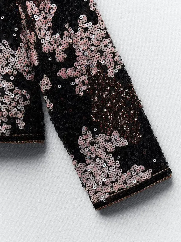 Znbbw Sequins Patchwork Cropped Coat For Women Shiny O Neck Long Sleeves Short Jacket 2023 Winter Autumn High Street Partywear - Image 4