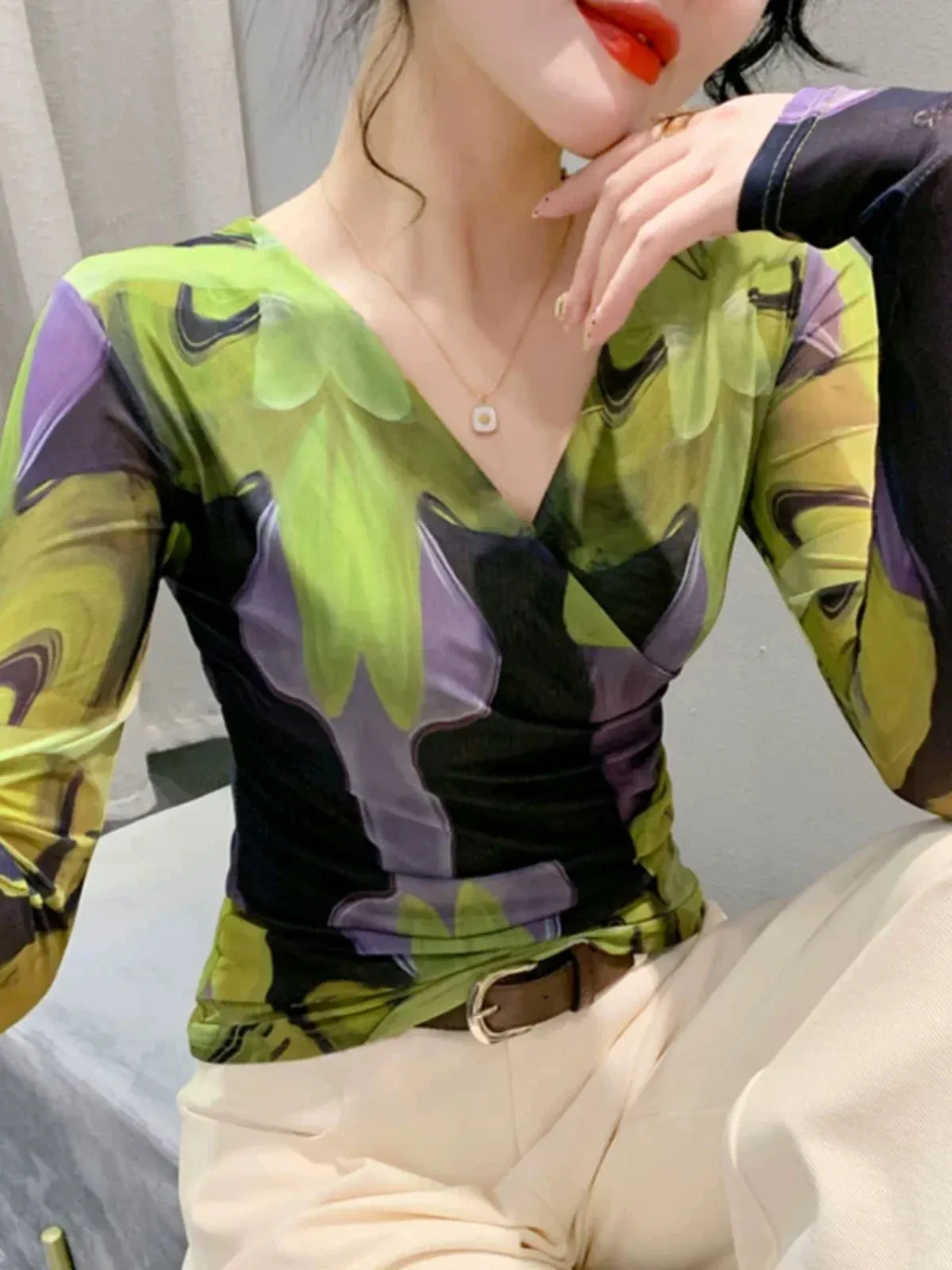 Znbbw Autumn Wrinkled Cross V-Neck Long Sleeve Mesh T-shirt Women High Stretch Printing Fashion Slim Base TShirts FF0919 - Image 4