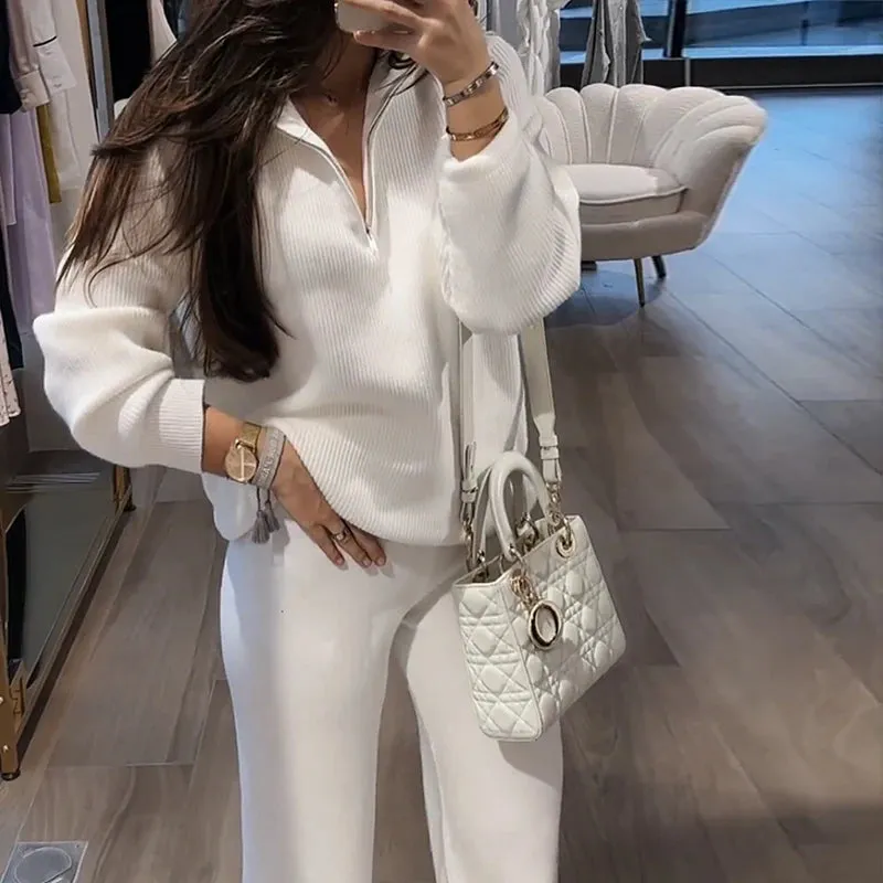 Znbbw Women Two Piece Set Autumn Fashion Commuting Solid V Neck Zipper Long Sleeves Pants Sets High Streetwear - Image 2