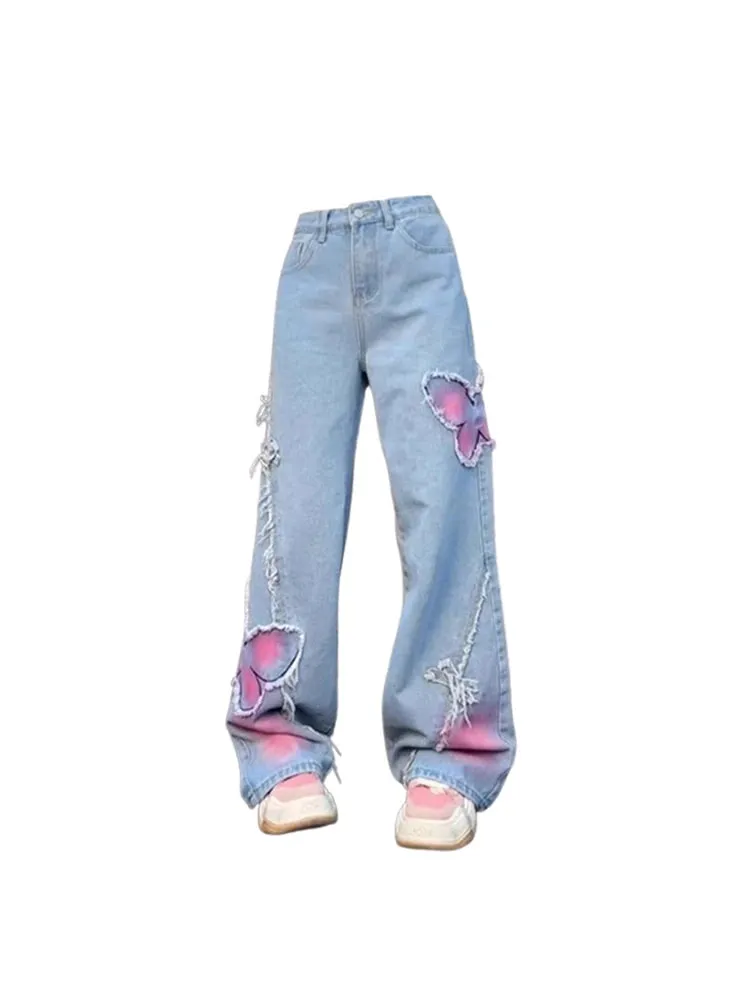 Znbbw Women's Blue Butterfly Jeans Baggy Vintage Y2k Denim Trousers 2000s Harajuku Wide Leg Cowboy Pants Trashy 90s Aesthetic Clothes - Image 2