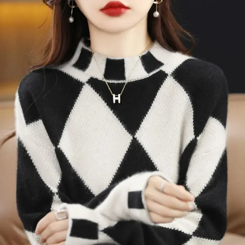 Znbbw 2024 color contrast diamond check sweater women half high neck sweater loose sweater knitting pullover female top - Image 3