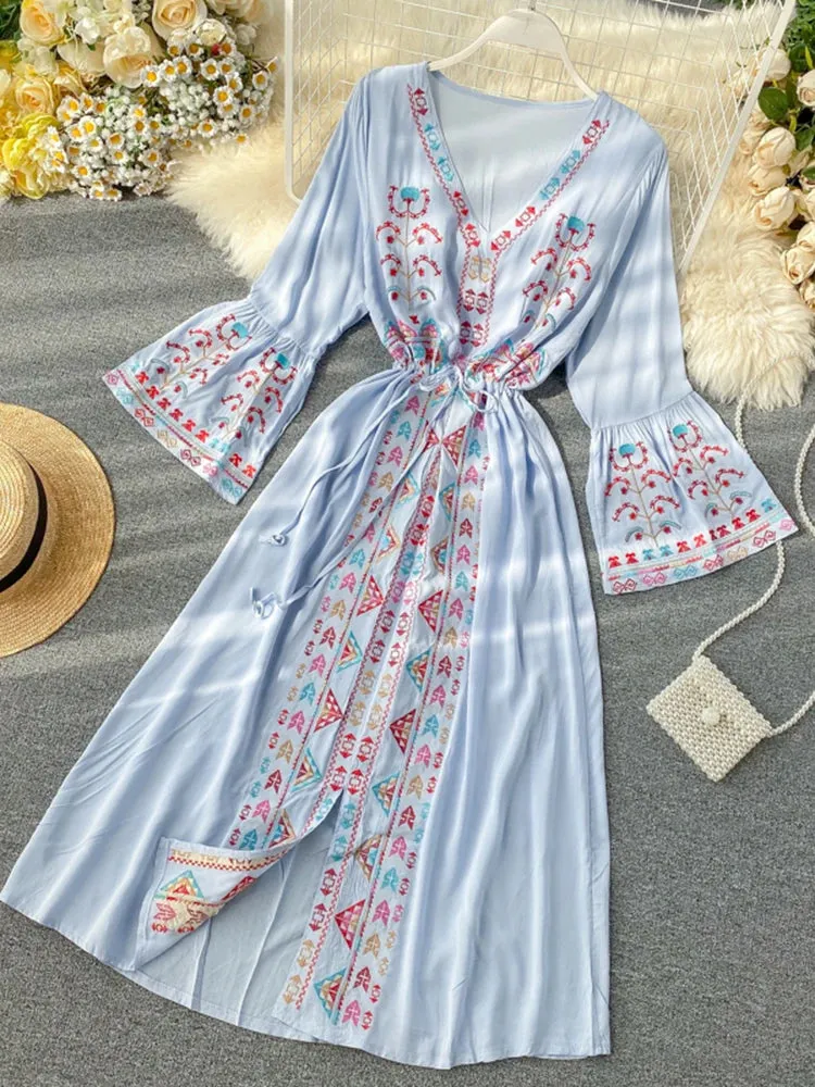 Znbbw Women's Dress Heavy Industry Embroidery V-neck Drawstring Trumpet Sleeves Ethnic Style Thin Waist Long Dresses LL040 - Image 10