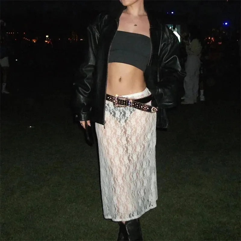 Znbbw Women Y2K Fairy Grunge Midi Skirt Lace Floral Vintage Boho Elastic High Waist Bodycon Skirt 90s E-Girls Holiday Party Clubwear - Image 4