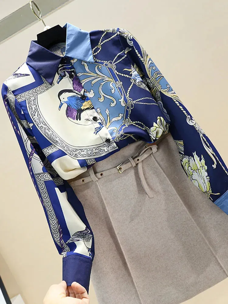 Znbbw Autumn Women's Printed Blouse Retro Contrast Shirt Female Office Lady Turn-down Collar Long-sleeved Shirt Tops GD488 - Image 3