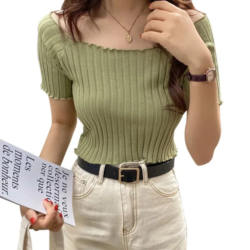 Znbbw Women's One line Neck Sexy Knitted Short Sleeve Top Minimal Open Navel T-shirt Top - Image 4