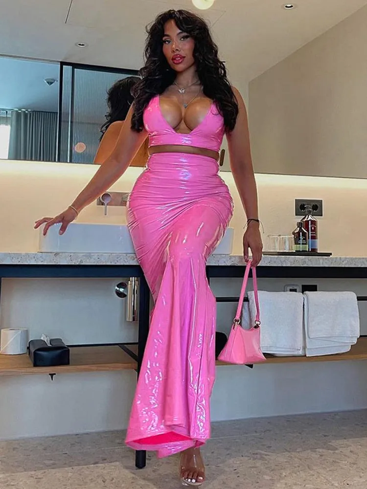 Znbbw Piece Set Women Faux Leather Outfits Sexy Backless Lace Up Camisole Top+High Waist Casual Maxi Skirt 2023 Spring Fall Suits - Image 3