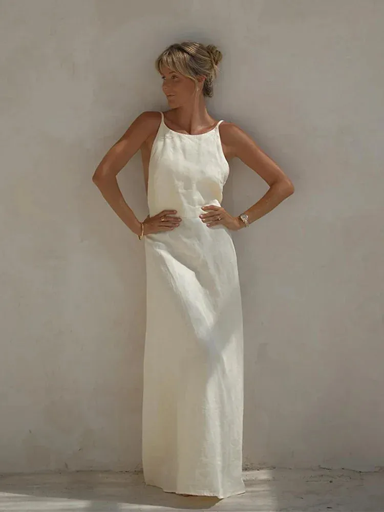 Znbbw Women Sexy Solid Backless Lace Up Maxi Dress Elegant O-neck Sleeveless Loose Long Dresses 2024 Summer Ladies Casual Beach Robes - Image 2