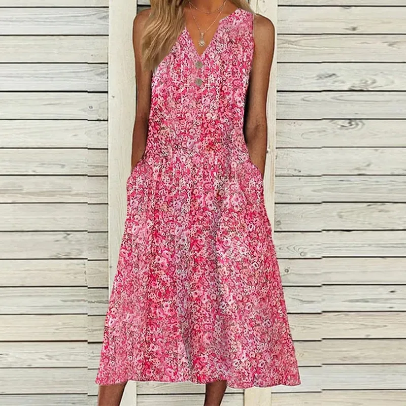 znbbw Women Summer 2023 A-Line Dress Casual Floral V-Neck Loose Holiday Beach Dresses Party Vestidos Print Sleeveless Boho Maxi Dress - Image 4