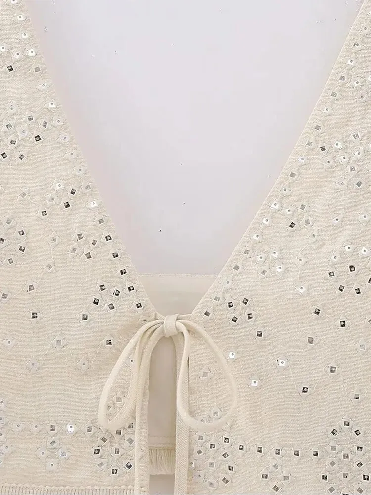 Znbbw Y2K Embroidery Women Waistcoats Summer Lightweight V Neck Sleeveless Tassels Hem Slim Vest Female Crop Top - Image 6