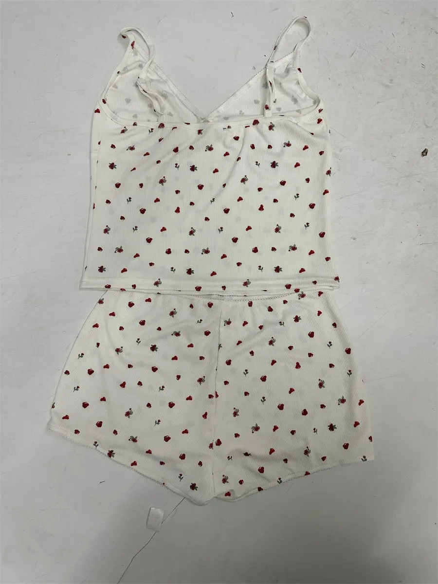 Znbbw Women Y2k Cute Pajama Short Set Lace Trim Flower Print Sleeveless V-neck Camisole with Shorts Sleepwear Loungewear 2000s Clothes - Image 5