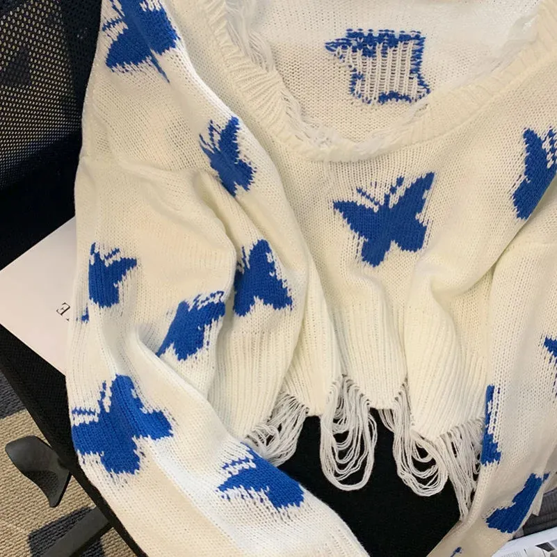 Znbbw Women Korean Fashion Graphic Butterfly Knitted Sweater Woman Sweet Oversized Cropped Tops Off Shoulder Casual Loose Jumper - Image 4