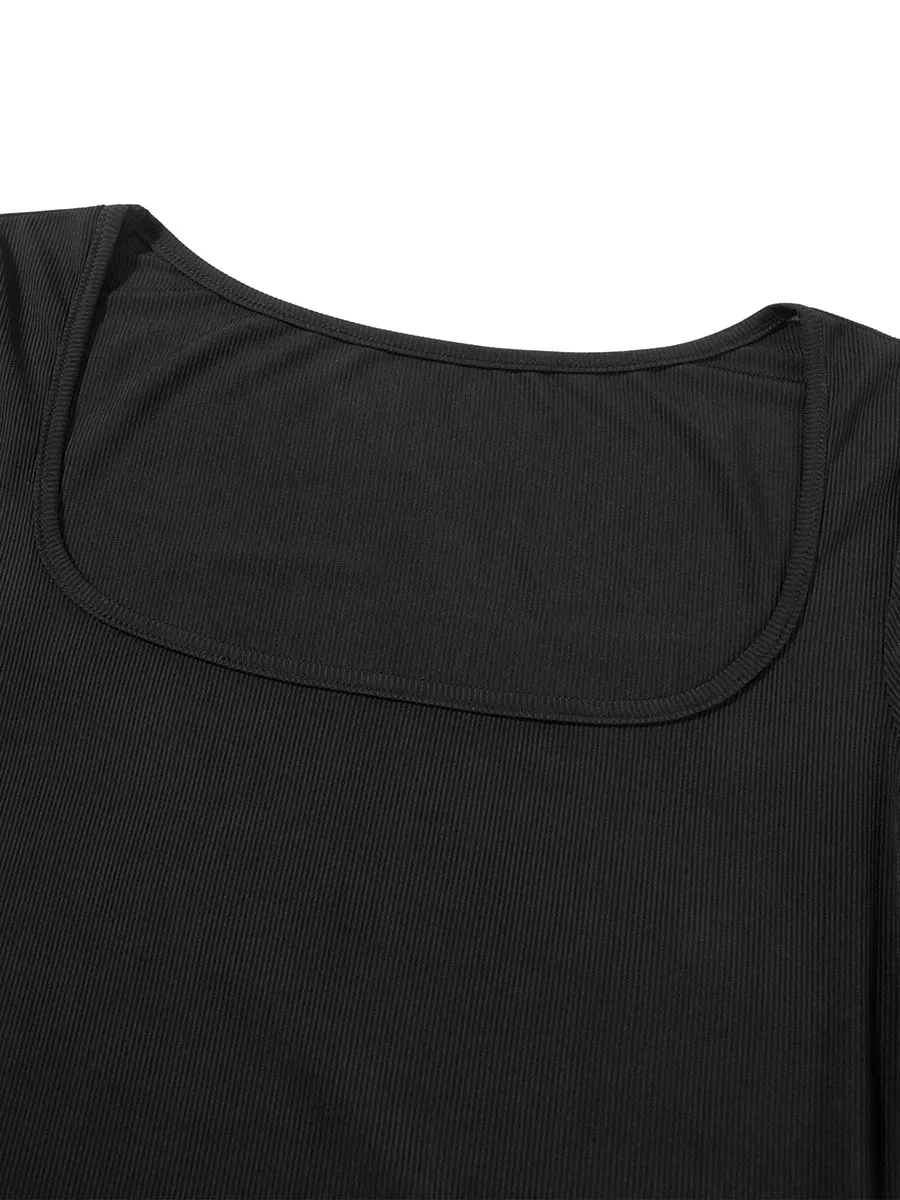 Znbbw Women Long Sleeve Square Neck Sleeve Long Bodycon Dress Knitted Low Cut Pencil Sheath Dress Stretchy Clubwear - Image 6