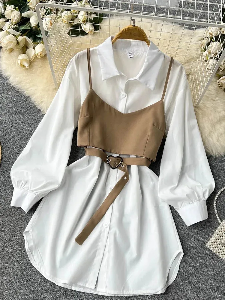 Znbbw Women Spring Sautumn Dresses Temperament and High-end Small Camisole Two-piece Set Collar Long-sleeved White Vestidos D1692 - Image 2