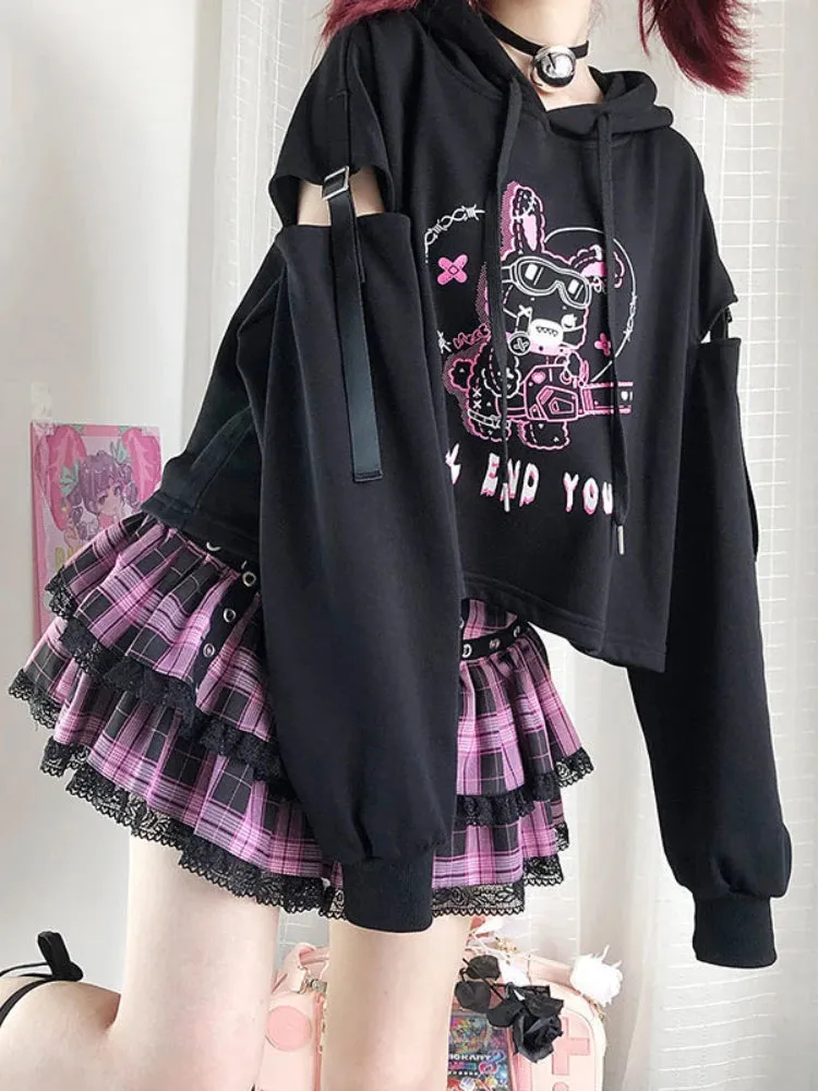 Znbbw Autumn New Hoodies Punk Gothic Patchwork Hollow Out Y2k Clothes Cartoon Print Casual Loose Preppy Style Crop Sweatshirts