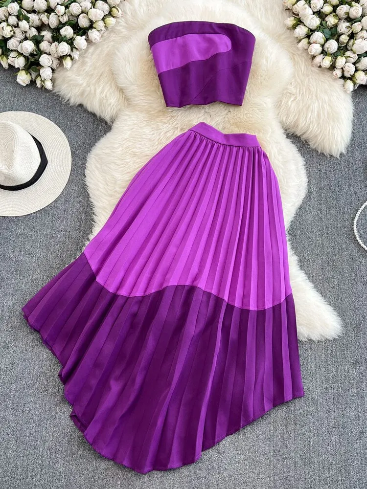 Znbbw Women Summer Dress Fashion Suit Spicy Girl Strapless Bra Top Two-piece High Waist Draped Irregular Pleated Dress D3068 - Image 3