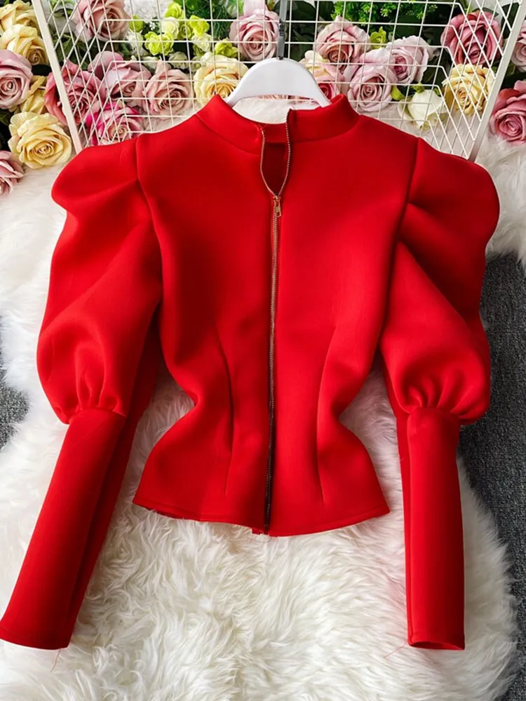 Znbbw Temperament Stand-up Collar Shirt Women New Sping Autumn Winter Slim Long-sleeved Puff Sleeve Top GX1462 - Image 3