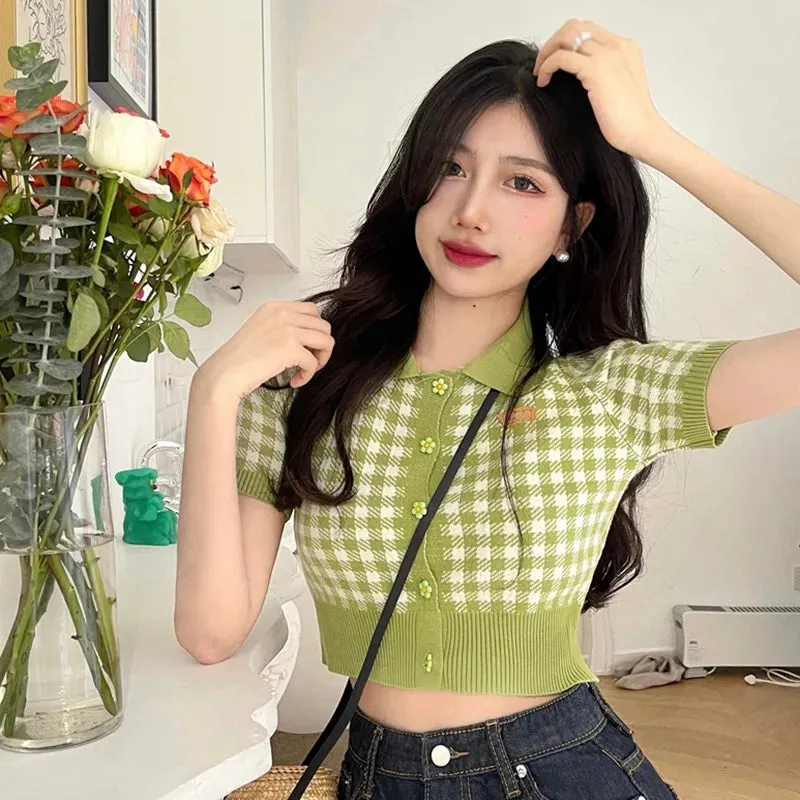 Znbbw Women's Short Sleeves Cardigan Single-breasted Lapel Short Knitted T-shirt - Image 2