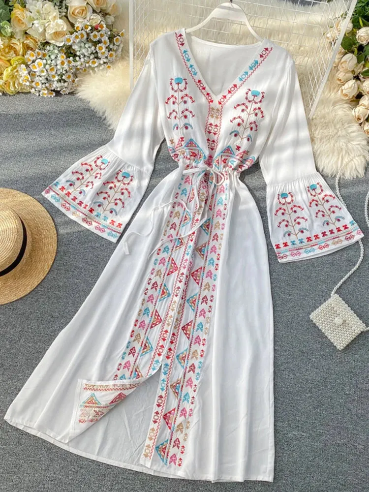 Znbbw Women's Dress Heavy Industry Embroidery V-neck Drawstring Trumpet Sleeves Ethnic Style Thin Waist Long Dresses LL040 - Image 9
