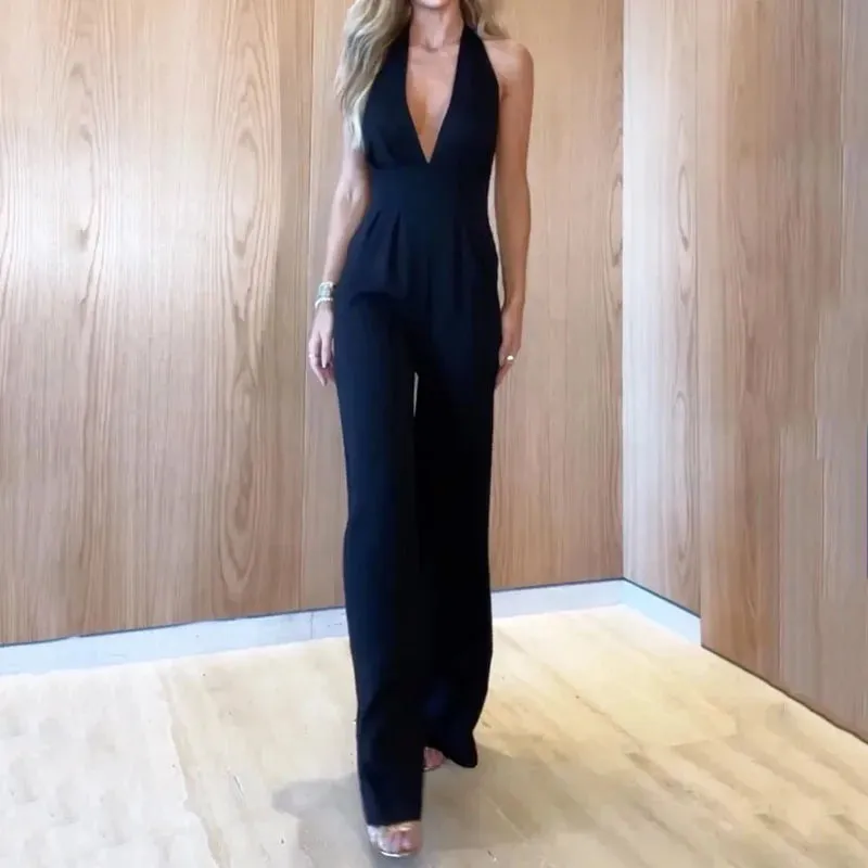 Znbbw Women Jumpsuit Fashion Solid Halter Lace Up Leaky Back Nipped Waist Casual Loose Wide Legs Pants Romper High Streetwear - Image 3