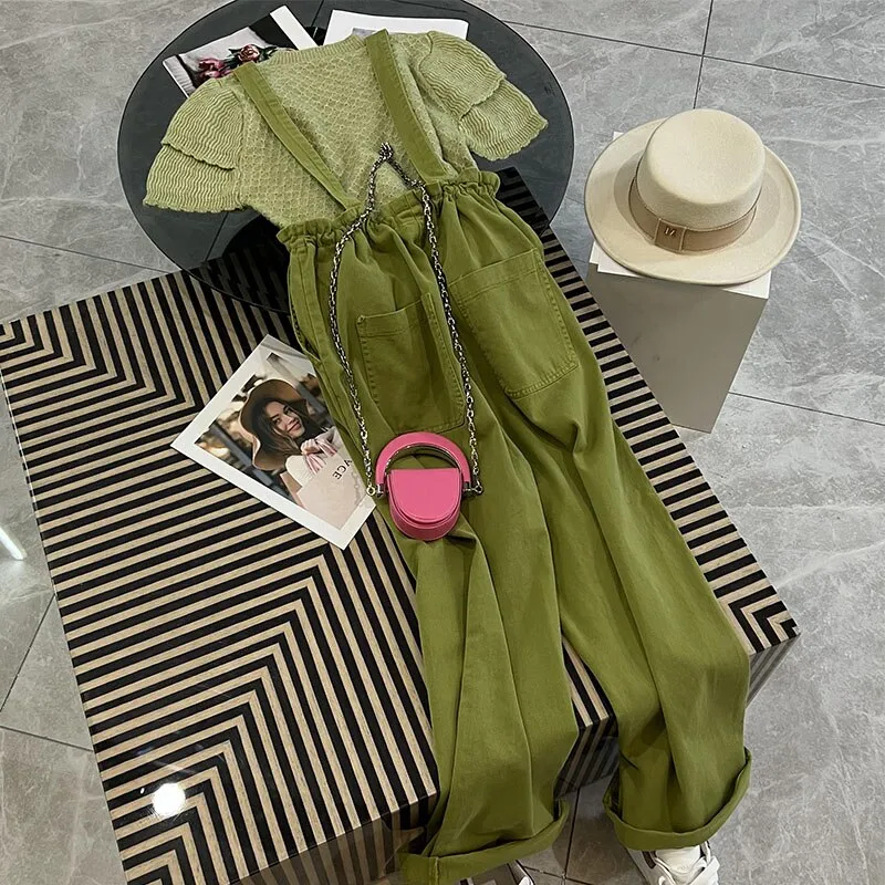 znbbw Women's Korean Chic Summer 2 Piece Pants Sets Women Short Sleeve Knitted Tops+Wide Leg Overalls Pants Suit Casual Jumpsuit Tide - Image 3