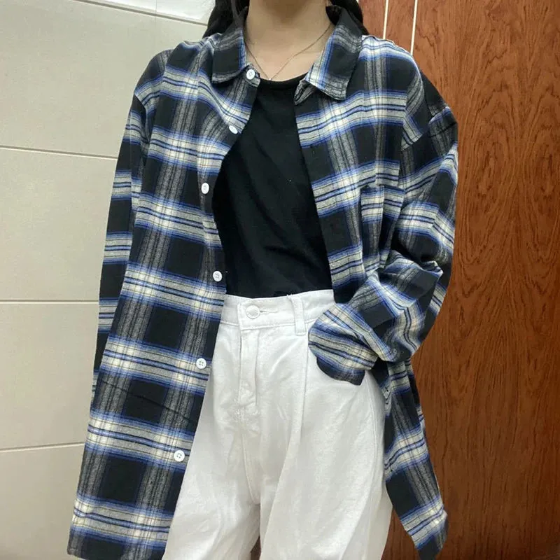 Znbbw Women Korean Plaid Shirt Vintage Streetwear Female Loose Tops Casual Student All Match Long Sleeve Shirt Spring Summer New - Image 4