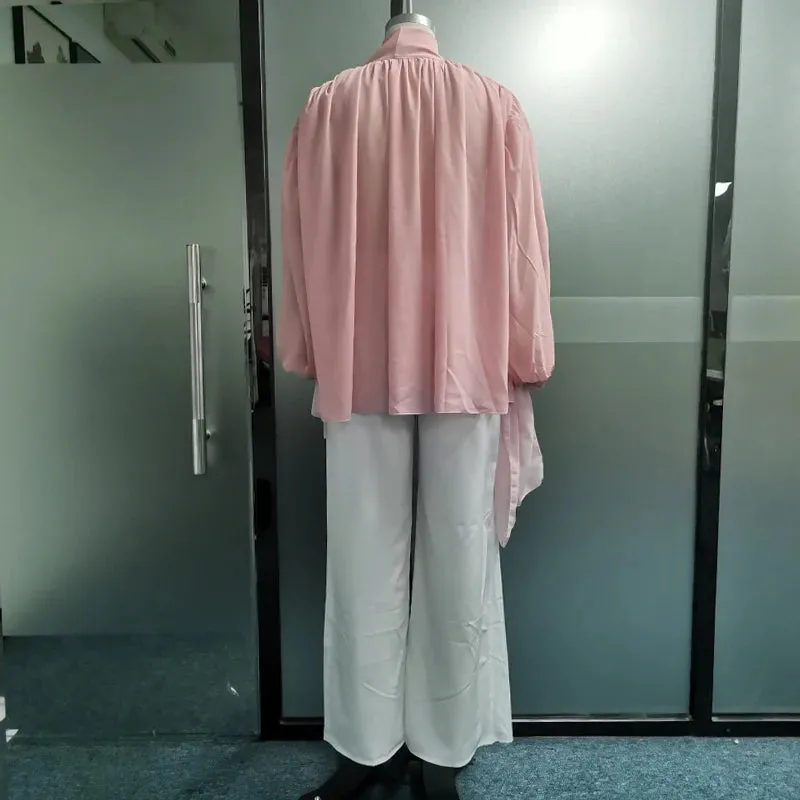 Znbbw Women Two Piece Set Summer Fashion Elegant Lace Up Long Sleeve Top Casual Loose Wide Legs Pants Sets High Streetwear - Image 5