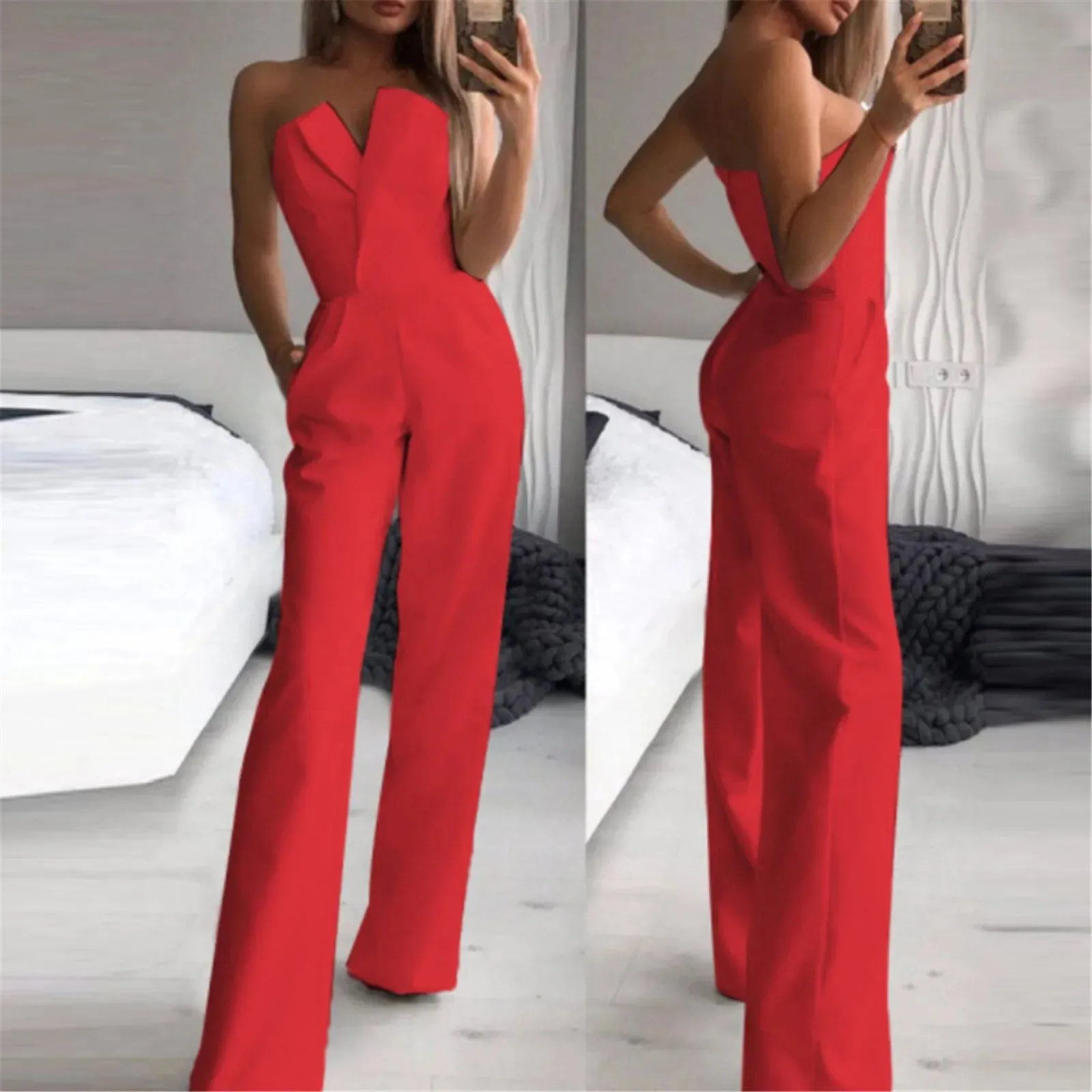 Znbbw Women Solid Tube Top Sleeveless Jumpsuits Rompers Fashion Cold Shoulder Pocket Wide Leg Jumpsuit Office Lady Elegant Suits - Image 5