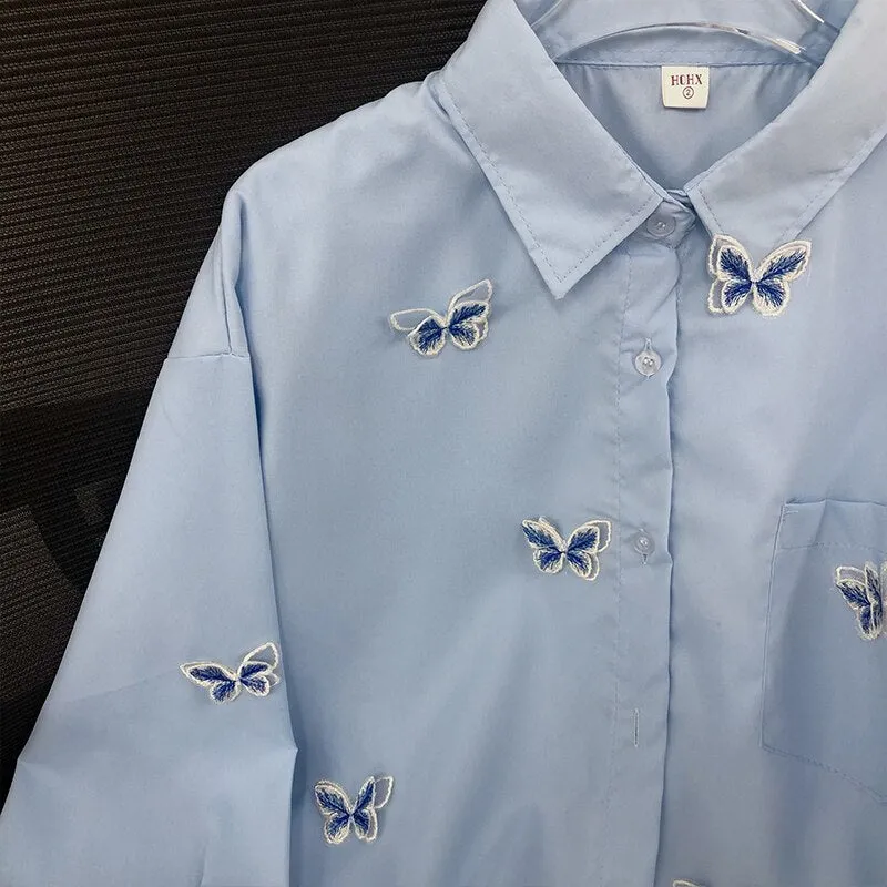 Znbbw Women Shirts Long Sleeve Butterfly Embroidered Blouses Spring Lapel Temperament Solid Female Blusas Basic Outwear Top - Image 5