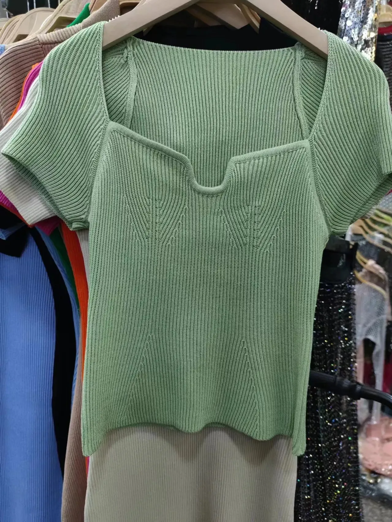 Znbbw Women V-neck Knitted Short Sleeve Draw String T-shirts Crop Tops Girls Knitting Stretchy Cropped Sheath Tee Shirts For Female - Image 5