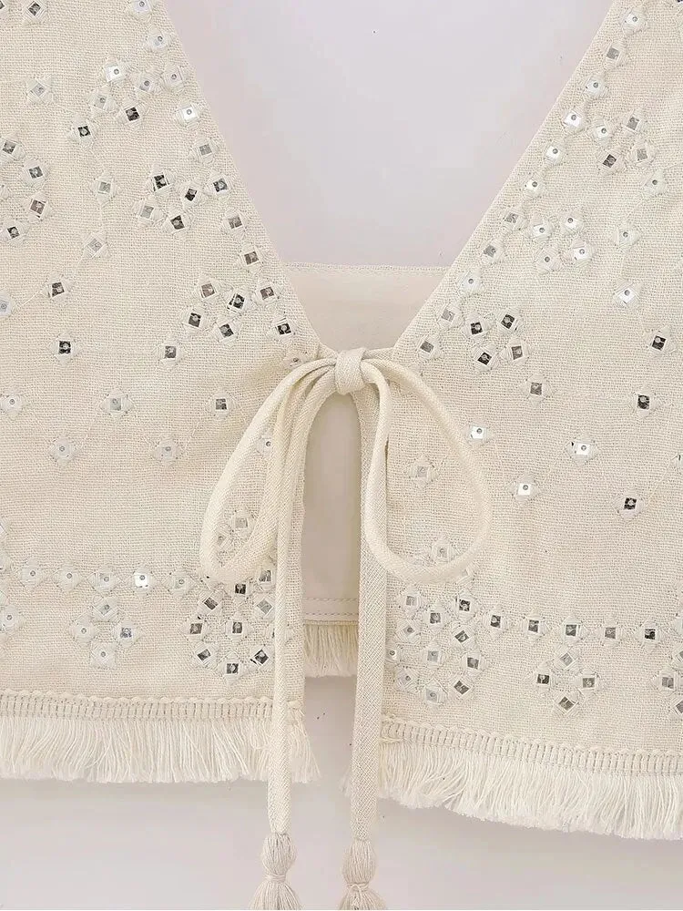 Znbbw Y2K Embroidery Women Waistcoats Summer Lightweight V Neck Sleeveless Tassels Hem Slim Vest Female Crop Top - Image 5