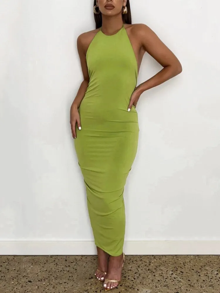 Znbbw Elegant Lace Up Backless Maxi Dress Women Outfits Summer Halter Sleeveless Bodycon Ruched Long Dress Vestido