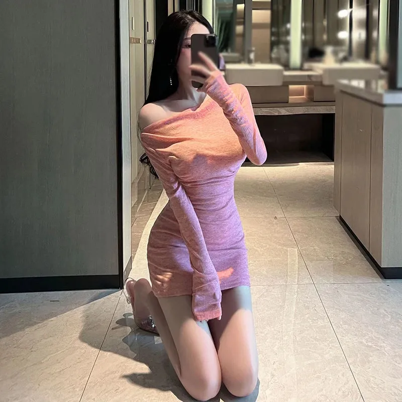 Znbbw Women's Dress Off Shoulder Oblique Shoulder Short Sexy Korean Dress  Solid Color - Image 3