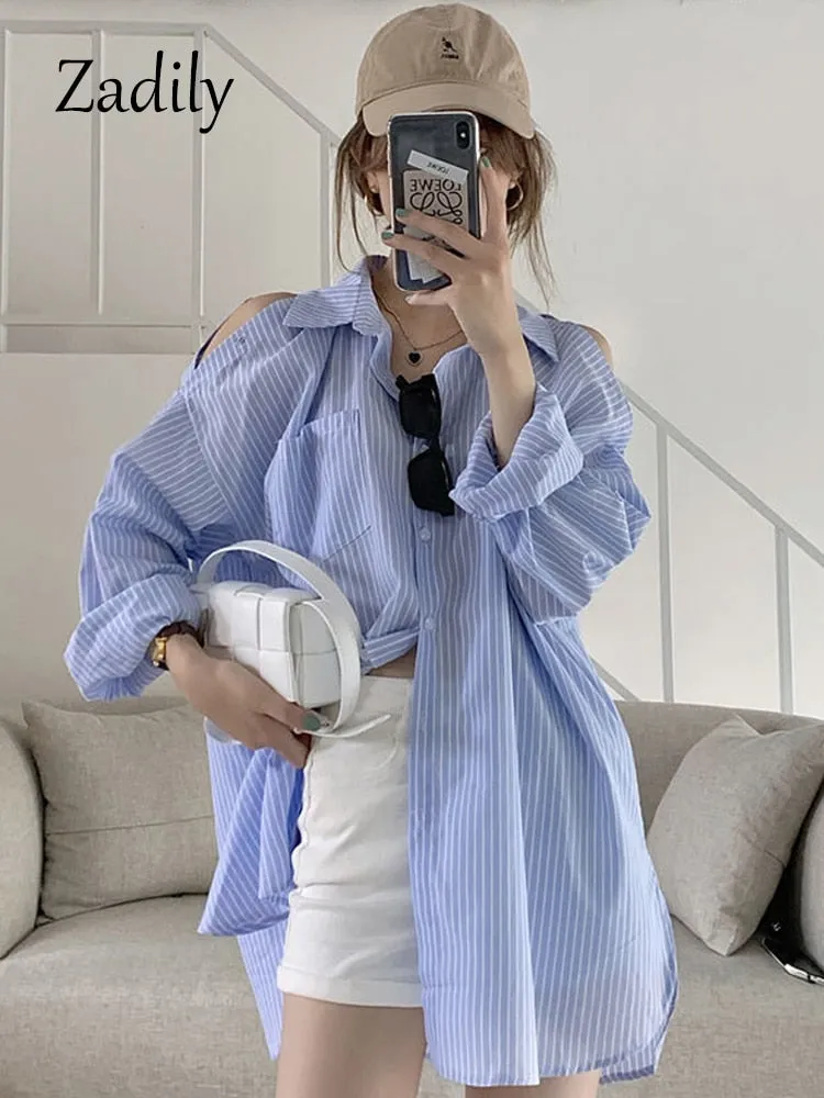 znbbw 2023 Summer Long Sleeve Women Striped Shirt Korea Style Off The Shoulder Button Loose Ladies Blouse Casual Clothing Tops - Image 6