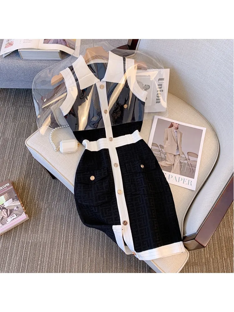 znbbw Women Summer Luxury Elegant Patchwork Button Mini Dress 2023 Fashion Turn-Down Collar Contrast Color A-Line Dress Ladies Clothes - Image 3