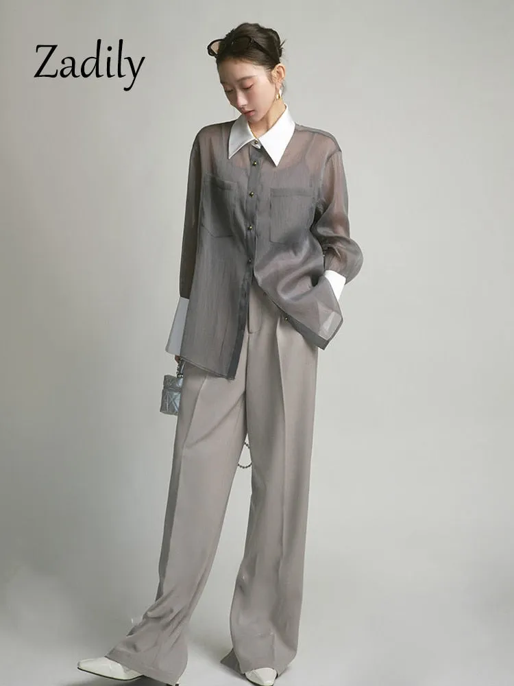 znbbw 2023 Summer Korea Style Long Sleeve Sheer Women Shirt Office Lady Loose Button Up Patchwork Woman Blouse Work Female Tops - Image 5