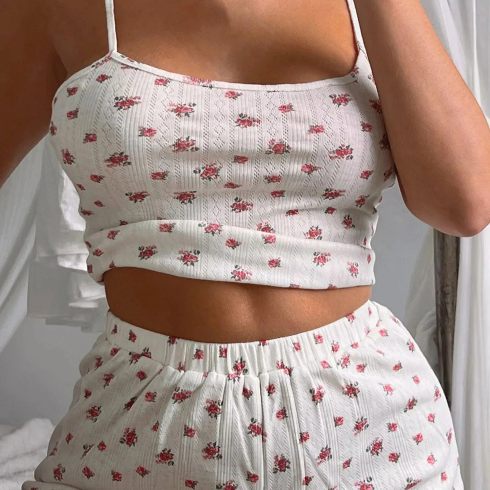 Znbbw Women Summer y2k Fairy Kawaii Flower/Striped Sleeveless Spaghetti Strap Crop Tops+Shorts Slim Fit 2000s Aesthetic Clothes - Image 6