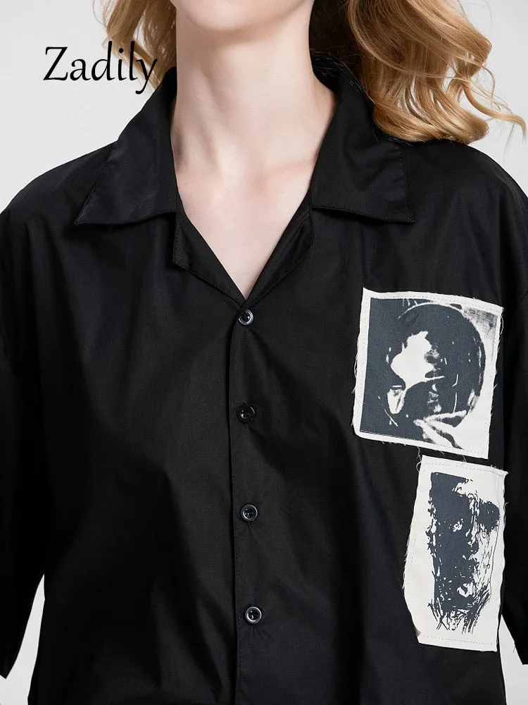 znbbw 2023 Summer Y2k Short Sleeve Shirt Women Patch Designs Button Up Loose Blouse Tunic Gothic Streetwear Female Clothing Top - Image 4