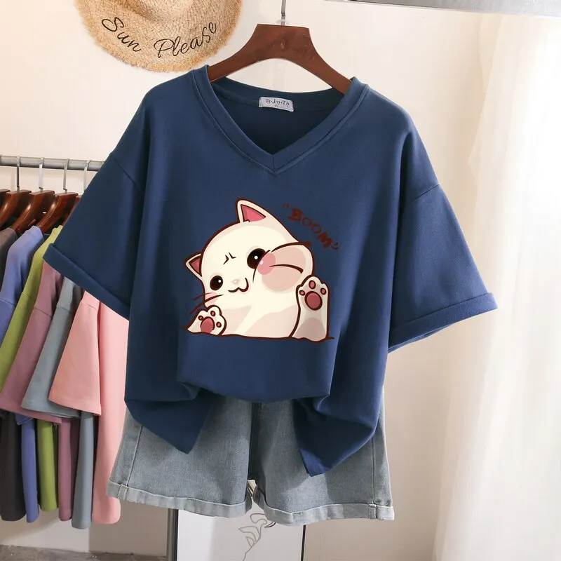 Znbbw 100% Cotton L-6XL T Shirt Plus Size Tshirt Short Sleeve Women Top Summer Cartoon Print Couple V Neck Oversized T Shirts - Image 12