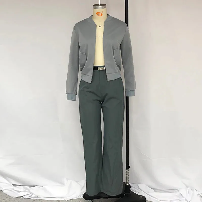 Znbbw 2 Piece Set Autumn Winter Office Crew Long Sleeve Solid Zipper Jacket Loose Straight With Belt Pants Sets Streetwear - Image 3