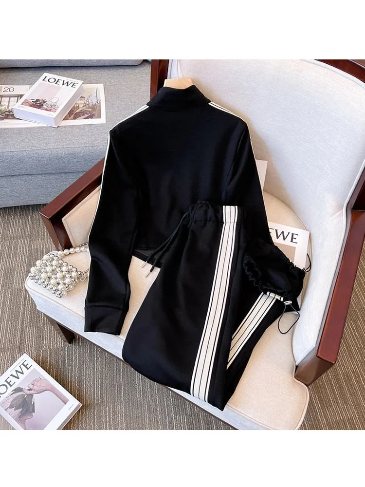 znbbw Women's Two Piece Black Sport Set  Long sleeves Zipper Coat and Pants Tracksuit Female Casual Matching Sets Sportswear Fall 2023 - Image 5