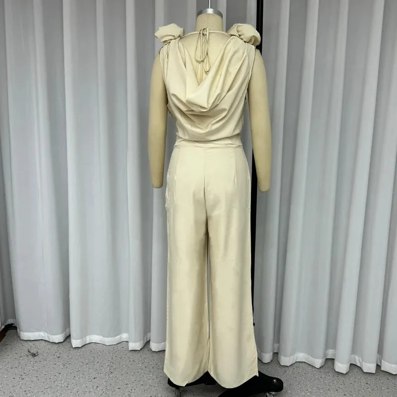 Znbbw Women Jumpsuits Summer Fashion Temperament Cowl Neck Sleeveless Solid Rose Nipped Waist Wide Leg Pants Rompers High Stree - Image 5