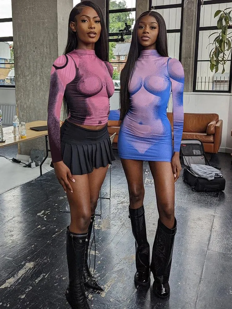 Znbbw Abstract Print Slim Fit T-Shirts Women O Neck Long Sleeve Crop Top 2023 Spring Fall Casual Lolita Y2K Clothes - Image 2