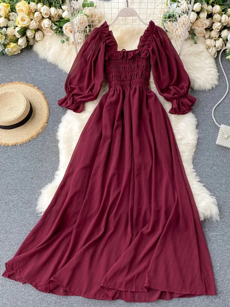 Znbbw Women's Dress New Square Collar Wooden Ear Bubble Sleeve Dress Korean Style Waist Slim Chiffon Female Dresses LL087 - Image 10