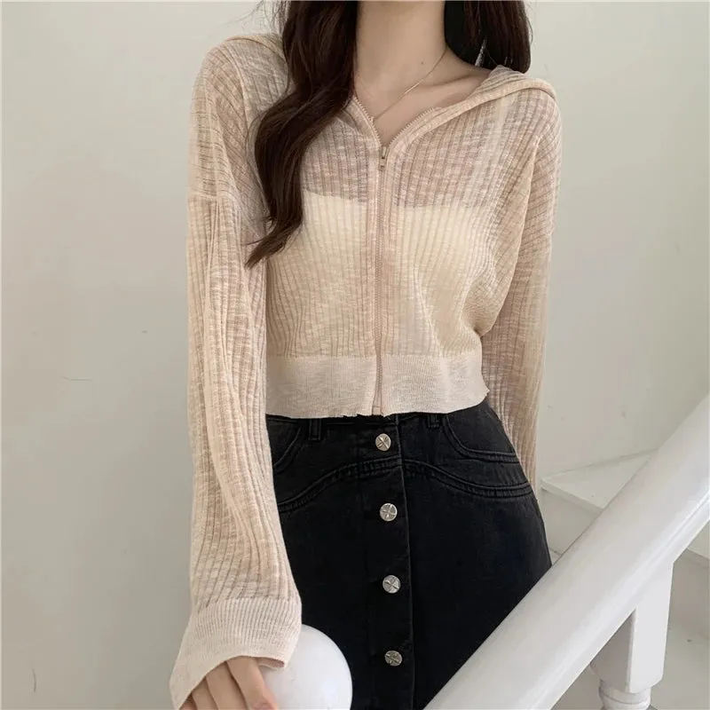 Znbbw Arrival Hoody Knitted Cardigan Girls Summer Thin Transparent Zipper Tee Shirts Women Outerwear Crop Tops - Image 5